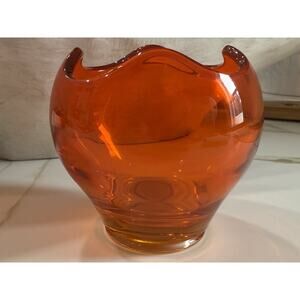 Vintage MCM Viking Art Glass Rose Bowl orange Amberina 4”